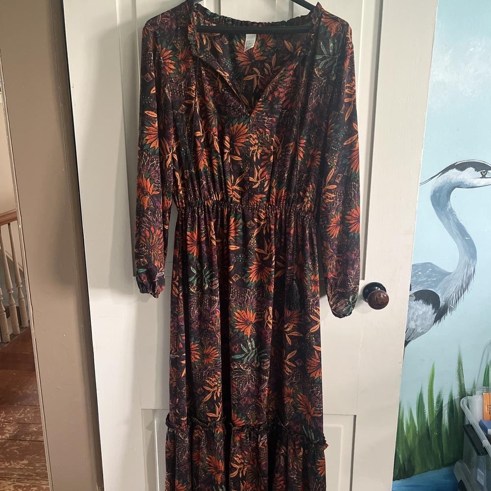 H&M Women's Multicolor Floral Chiffon Ruffle Maxi Dress Boho Chic Garden Size 8
